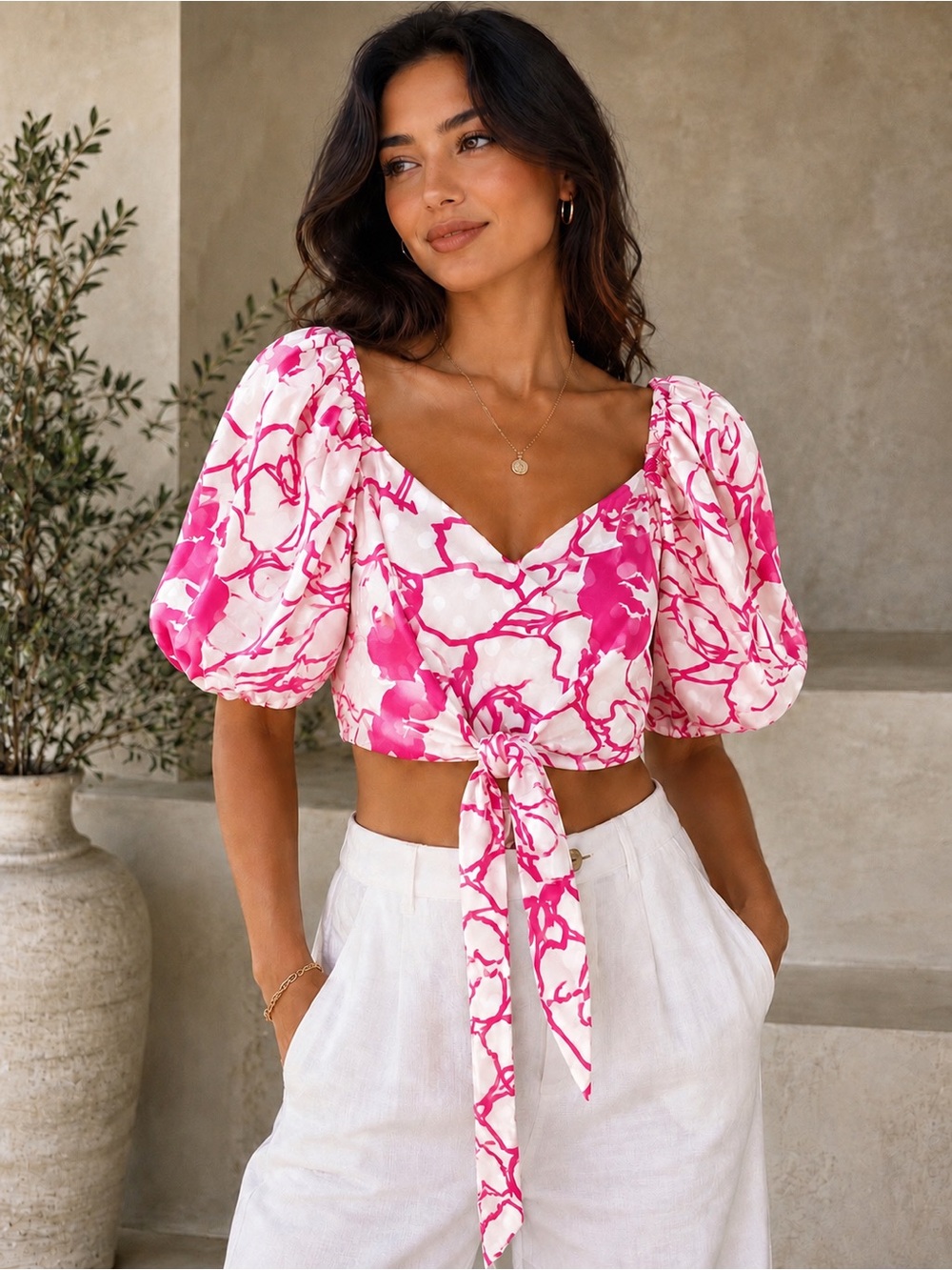 RONNY KOBO Collective Pink Floral Puff Sleeve Tie Front Crop Top Size 0